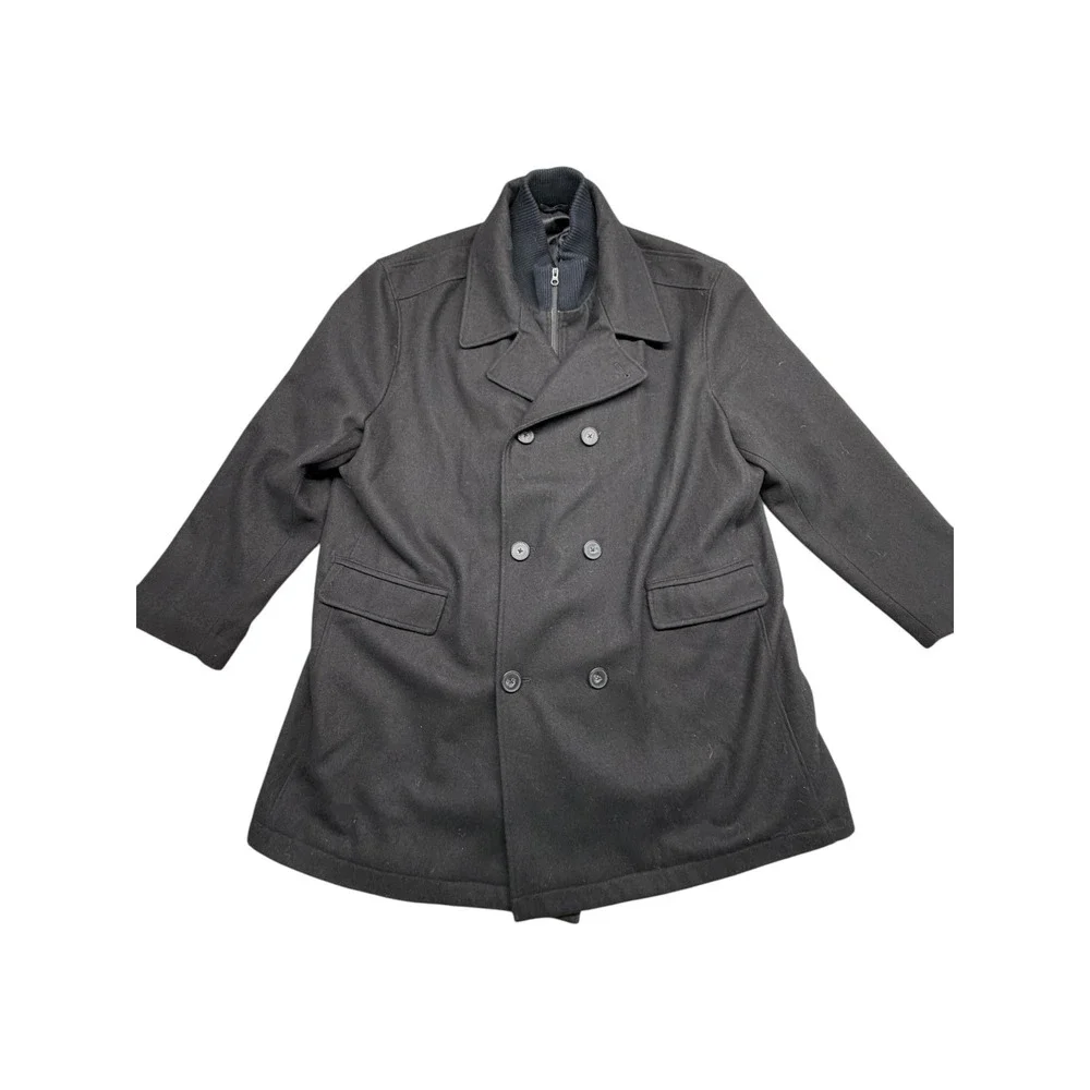 Claiborne Mens XXL Black Wool Blend Pea Coat Double Breasted Zip Bib Overcoat